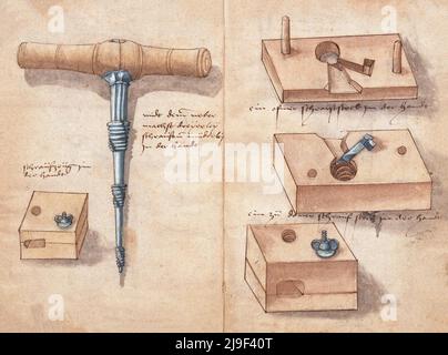 Lavorazione del legno medievale, mobili e altri oggetti d'artigianato: Gli strumenti di Martin Löffelholz (1505) Löffelholtz Codex. Illustrazioni e descrizioni di tutti i tipi Foto Stock