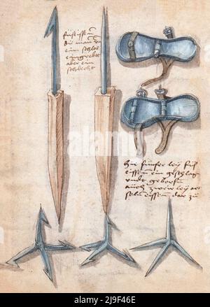 Illustrazione medievale di Caltrop. Gli strumenti di Martin Löffelholz (1505) Löffelholtz Codex. Illustrazioni e descrizioni di tutti i tipi di attrezzi manuali, Foto Stock