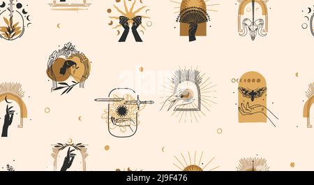 Disegno a mano vettore astratto stock grafico piatto con elemento logo, bohemian linea magica arte modello senza giunture di mano donna, oro sole, stella e. Illustrazione Vettoriale