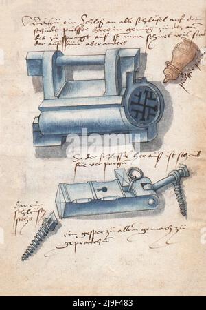 Illustrazione medievale del blocco. Gli strumenti di Martin Löffelholz (1505) Löffelholtz Codex. Illustrazioni e descrizioni di tutti i tipi di attrezzi manuali, INS Foto Stock