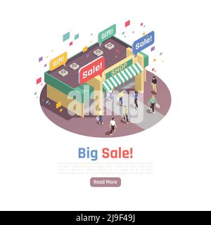 Fidelizzazione dei clienti composizione isometrica con immagine rotonda del negozio costruzione con segni di vendita e illustrazione del vettore della gente Illustrazione Vettoriale