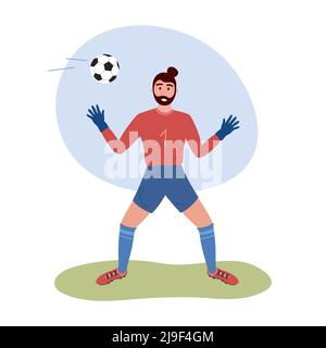 Portiere di calcio isolato. Giocatore di calcio goalie che pugna e cattura palla. Illustrazione vettoriale piatta di un uomo professionista che gioca a calcio. Illustrazione Vettoriale