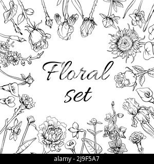 Set di fiori vintage monocromatici in fiore con narciso di girasole calla illustrazione del vettore di ramificazione dell'orchidea di peony e dell'albero di mela Illustrazione Vettoriale