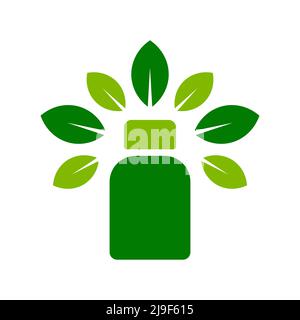 Icona o logo del supplemento nutrizionale. Bottiglia verde di pillola circondata da foglie. Medicina naturale alternativa a base di erbe. Trattamento omeopatia. Vettore Illustrazione Vettoriale