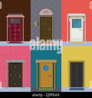 Colorate porte d'ingresso collezione di forme diverse colori costruzione e. materiali in illustrazione vettoriale isolata in stile piatto Illustrazione Vettoriale
