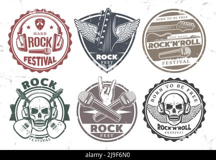 Retro rock musica francobolli set con iscrizioni cuffie microfoni elettrici chitarre ali cranio mediatore isolato vettore illustrazione Illustrazione Vettoriale