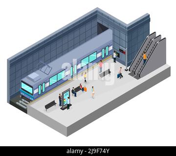 Concetto di stazione della metropolitana isometrica con passeggeri sulla scala mobile del treno a piattaforma informazioni stand e sedili immagine vettoriale isolata Illustrazione Vettoriale