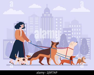 PET Service Concept with Dog Walker Woman Illustrazione Vettoriale