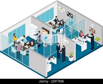 Progetto di studio giuridico isometrico con gli elementi interni impiegati avvocati e client isolati illustrazione vettoriale Illustrazione Vettoriale