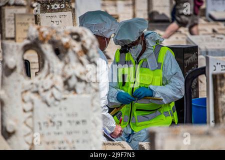 Tel Aviv, Israele. 23rd maggio 2022. Esperti forensi lavorano su una tomba nel cimitero di Petach Tikva. Lunedì è stata aperta la tomba di un bambino nello scandalo dei bambini scomparsi dello Yemenita e di altri immigrati orientali in Israele. Credit: Ilia Yefimovich/dpa/Alamy Live News Foto Stock