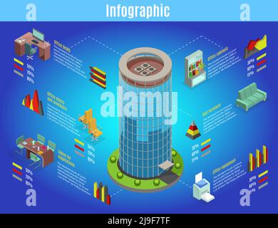 Modello infografico isometrico degli interni dell'ufficio con scrivanie per mobili del business center tavoli sedie scaffali attrezzature grafici isolato vettore illustrat Illustrazione Vettoriale