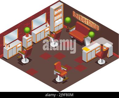 &Isometrica Barbiere Shop Interior Concept Illustrazione Vettoriale