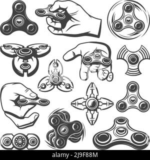 Collezione d'epoca moderna di spinners con diversi tipi di popolare trendy illustrazione vettoriale isolata dei gadget in rotazione e in rotazione Illustrazione Vettoriale