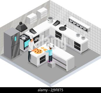 Modello di cucina casalinga isometrica del padre che prepara la pizza con la sua figlio in cucina isolato vettore illustrazione Illustrazione Vettoriale