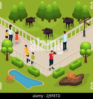Modello zoo isometrico con persone che guardano e fotografano bufali e. illustrazione vettoriale dei canguri Illustrazione Vettoriale