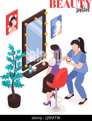 Composizione isometrica del salone di bellezza con testo e caratteri di donna e make-up artista con speculare vettore illustrazione Illustrazione Vettoriale