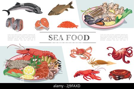 Piatto frutti di mare composizione colorata con aragosta gamberi calamari di pesce polpo caviale cozze ostriche capesante storione zander trota vettore di carne illustrat Illustrazione Vettoriale