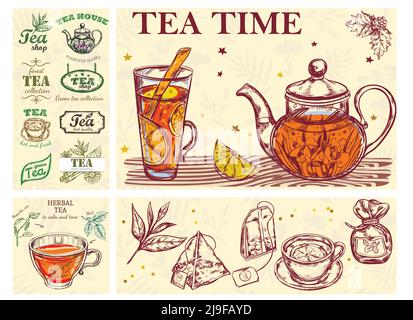 Disegno tempo del tè concetto colorato con tazza di vetro teiera di illustrazione vettoriale delle etichette delle erbe per bevande e del tè Illustrazione Vettoriale