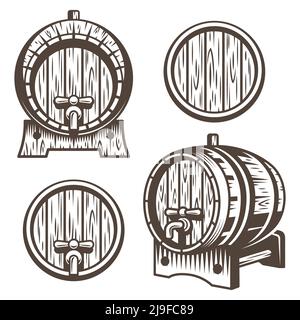 Set di barili in legno d'epoca in diversi scorciatonetti. Stile monocromatico. Isolato su terra bianca posteriore Illustrazione Vettoriale