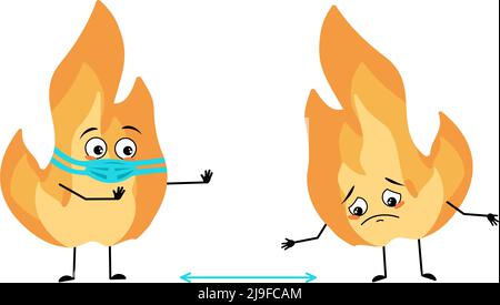 Carino personaggio fiamma con il viso in maschera medica mantenere la distanza, le braccia e le gambe. Fuoco uomo con espressione di cura, persona arancione caldo. Illustrazione piatta vettoriale Illustrazione Vettoriale