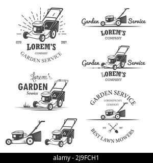 Set di emblemi vintage del servizio giardino, etichette, badge, loghi ed elementi progettati. Stile monocromatico Illustrazione Vettoriale