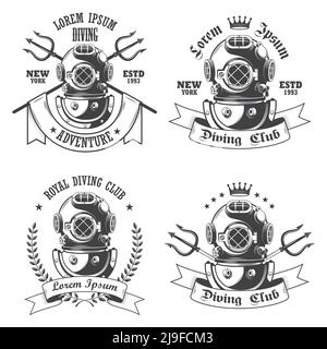 Set di etichette per immersioni, emblemi ed elementi progettati Illustrazione Vettoriale