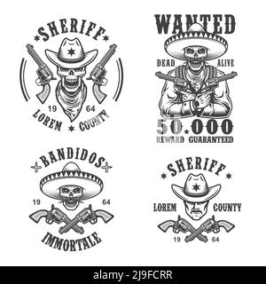 Set di emblemi sceriffi e banditi, etichette, distintivi, loghi e mascotte. Stile monocromatico. Illustrazione Vettoriale