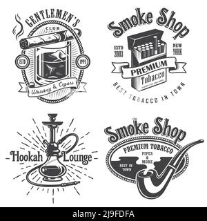 Set di emblemi, etichette, loghi e badge per affumare il tabacco d'epoca. Stile monocromatico. Isolato su sfondo bianco Illustrazione Vettoriale