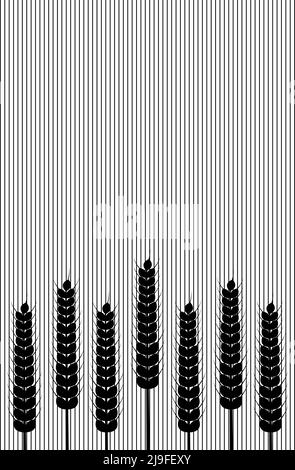 Orecchie di grano e strisce su sfondo bianco. Illustrazione vettoriale. Stile semplice in bianco e nero. Illustrazione Vettoriale