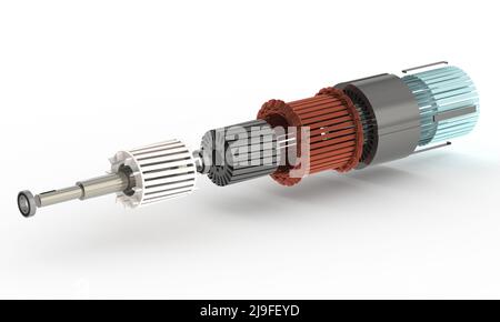 Presentazione della vista esplosa dello statore e del rotore per il motore elettrico,illustrazione 3D isolata su sfondo bianco Foto Stock