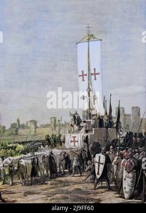 'Representation du Carroccio, Grand chariot portant les enseignes citadines et autour duquel se assemblaient les milies des Communes de la plaine du po invente par l'archeveque de Milan Aribert (Ariberto) en 1037 lors du siege de la ville par l'empereur Conrad II le Salique (990-1039) (Vista del carruccio, Altare di guerra usato nel 1037-1038 nella difesa di Milano contro l'imperatore Corrado II) Foto Stock