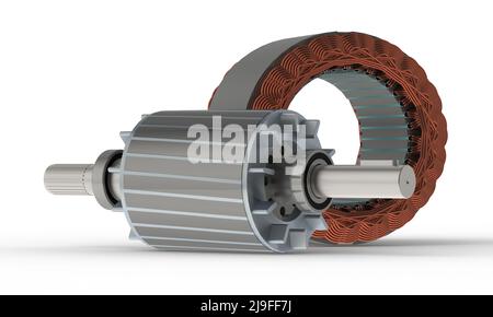 Statore e rotore per motore elettrico, rendering 3D su sfondo bianco Foto Stock