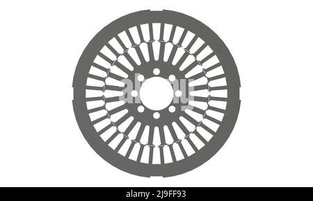 Foglio statore e rotore per motore elettrico, illustrazione 3D isolata su sfondo bianco Foto Stock