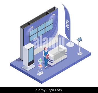 Composizione isometrica con supporto donna ed expo con monitor e. handout illustrazione vettoriale 3d Illustrazione Vettoriale