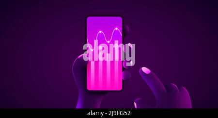 Concetto futuristico di tecnologia mobile hi-tech. Analisi dei grafici delle tendenze di mercato su smartphone. La mano tiene il telefono. Infografica e statistiche sullo schermo. Modello di pagina di destinazione Illustrazione Vettoriale