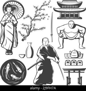 Set vintage Japan Elements con brocca di geisha per samurai sumo player spada sushi tè koi carps costruzione sakura ramo isolato vettore illustrazione Illustrazione Vettoriale