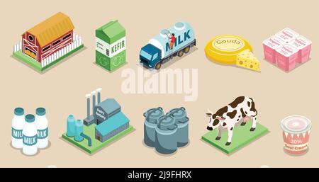 Set di elementi isometrici per caseifici con bottiglie di confezionamento per aziende agricole in lattine latte prodotti mucca pianta camion isolato vettore illustrazione Illustrazione Vettoriale