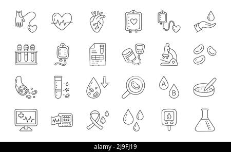 Illustrazione medica della barbetta del sangue che include icone - trasfusione del plasma, sfigmomanometro, glucometro, vena, cardiologia, microscopio, provetta da laboratorio Illustrazione Vettoriale