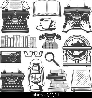 Set di elementi da scrittore vintage con lente d'ingrandimento per occhiali da caffè con libri da macchina da scrivere olio lampada notebook fotocamera retro globo telefono isolato vettore illustrat Illustrazione Vettoriale