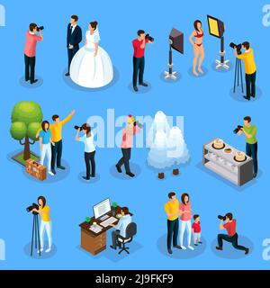 Collezione di fotografi isometrici con fotografia di matrimonio modello viaggiatori natura famiglia alimentare e processo di fotoritocco isolato vettore illustra Illustrazione Vettoriale