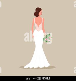 La sposa in un abito da sera con un bouquet in mano. Illustrazione vettoriale in stile cartoon piatto Illustrazione Vettoriale