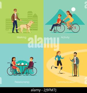 Persone disabili quadrato concetto di cieco uomo che cammina con il cane bicicletta speciale per viaggi romantici rapporti e comunicazione tra invalidi ve Illustrazione Vettoriale