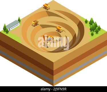 Concetto di industria mineraria isometrica con dumper che l'escavatore apripista funziona in cava per l'estrazione del diamante illustrazione vettoriale isolata Illustrazione Vettoriale