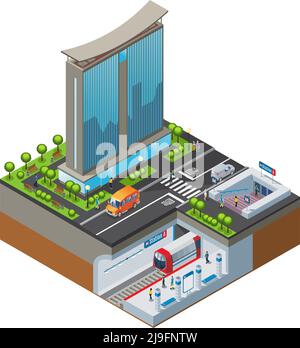Concetto di paesaggio urbano colorato isometrico con gli alberi della stazione della metropolitana dell'edificio degli uffici auto e persone isolato illustrazione vettoriale Illustrazione Vettoriale