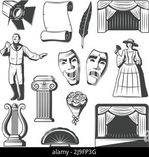 Collezione vintage di elementi teatrali con attori mascherati maschera arpa colonna scroll fiore tavola ventilatore isolato vettore illustrazione Illustrazione Vettoriale