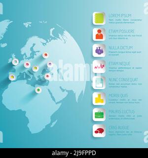 Viaggia infografiche astratte con quadrati colorati icone puntini sulla luce illustrazione vettoriale del globo blu Illustrazione Vettoriale