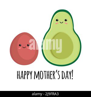Vettore avocado piatto disegnato a mano con seme del bambino e testo del giorno delle madri felici isolato su sfondo bianco Illustrazione Vettoriale