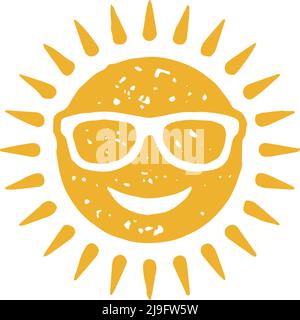 Luminoso giallo estate sole indossare occhiali da sole sorridente con emozione positiva disegno a mano grunge texture vettore illustrazione. Buon viaggio vacanza Illustrazione Vettoriale