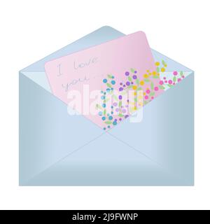 Lettera d'amore blu chiaro con fiori e dichiarazione d'amore, illustrazione Illustrazione Vettoriale