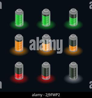 Stato di carica della batteria isometrica impostato con diversi indicatori di livello di carica su sfondo nero immagine vettoriale isolata Illustrazione Vettoriale